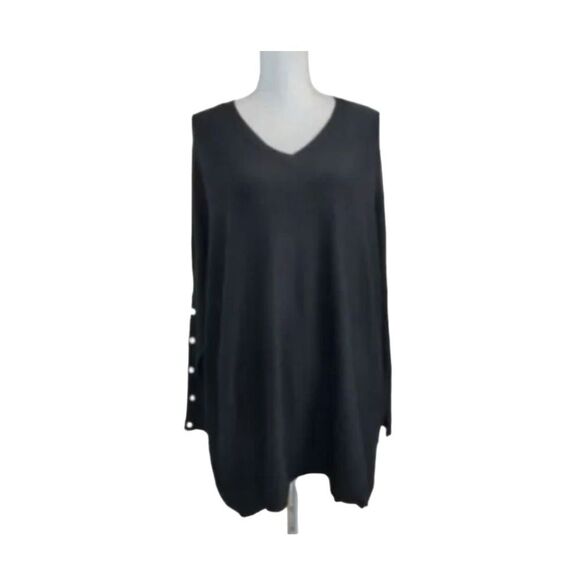 RBX Button Detail Dolman Sleeve Tunic Sweater Black Knit V-Neck Long Sleeve M - Picture 1 of 9